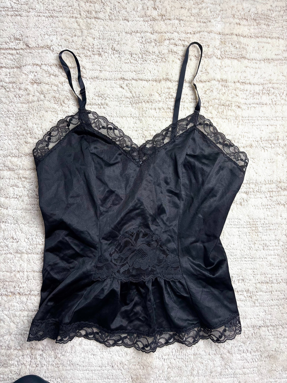 Vintage Body Chic Black Lace Trim Satin Cami Tank Top Floral Spaghetti Strap